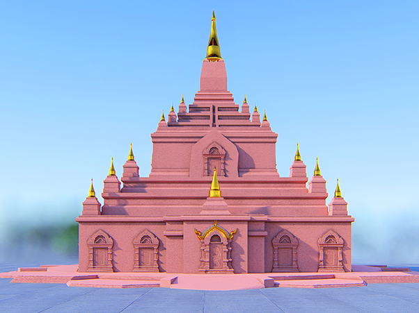 side view of the large stupa with bodha tree