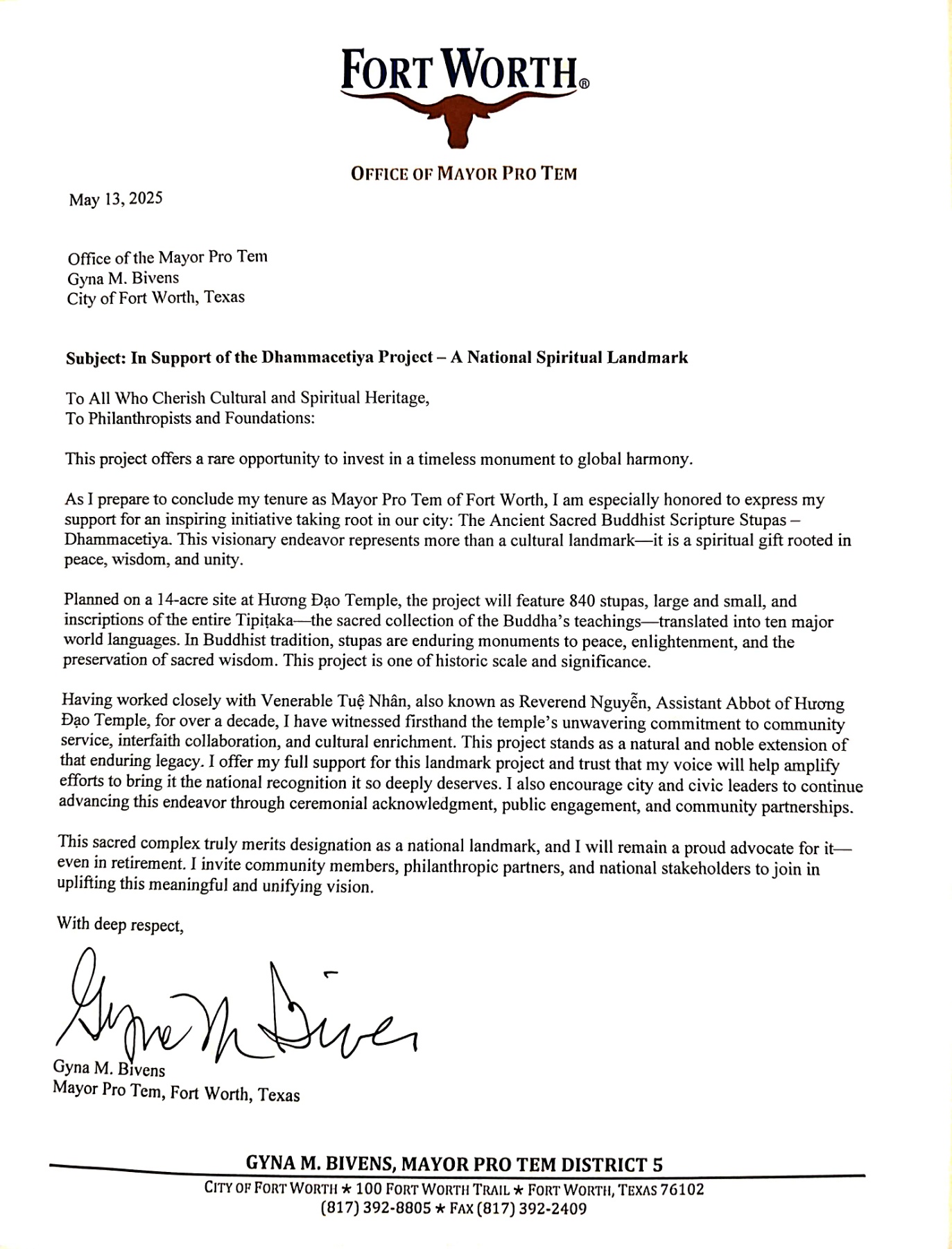 City of Fort Worth Major Pro Tem Gyna Bivens Endorsement