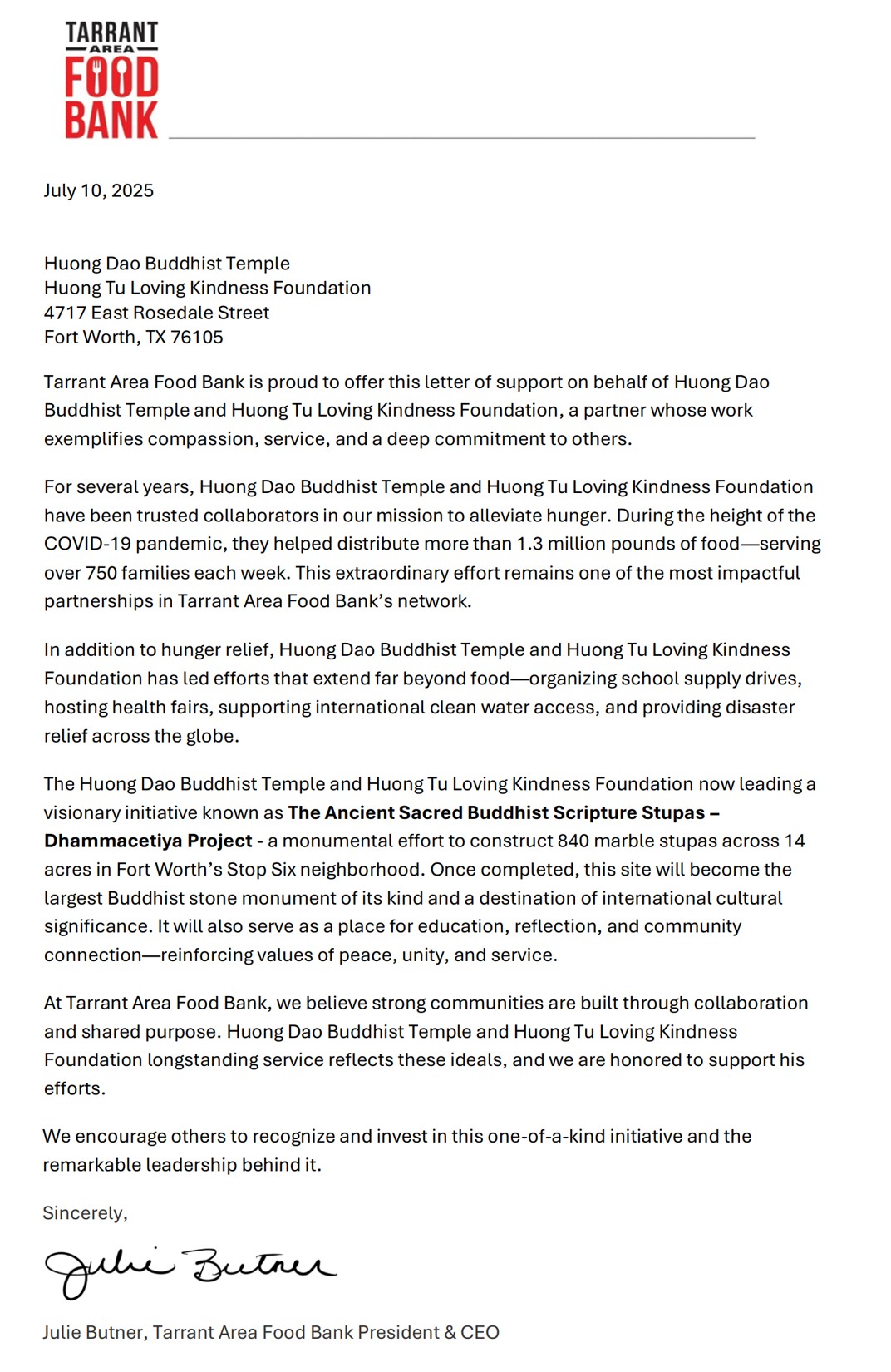 Tarrant Area Food Bank endorsement of Dhammacetiya Project