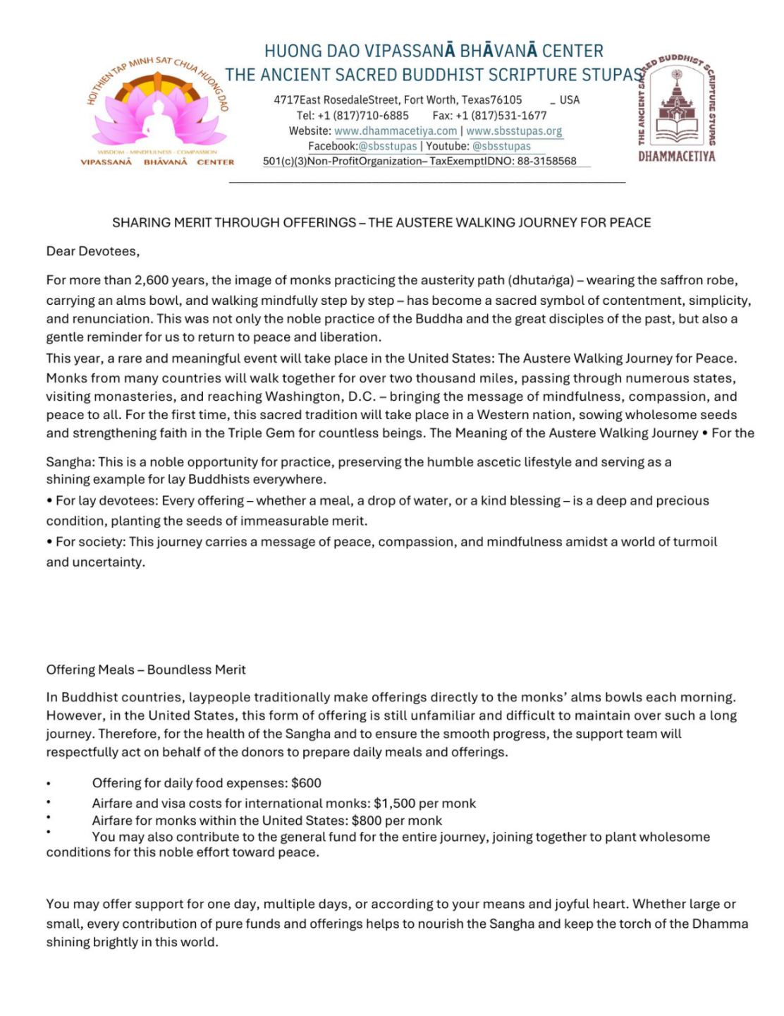 offerings to Walk for Peace