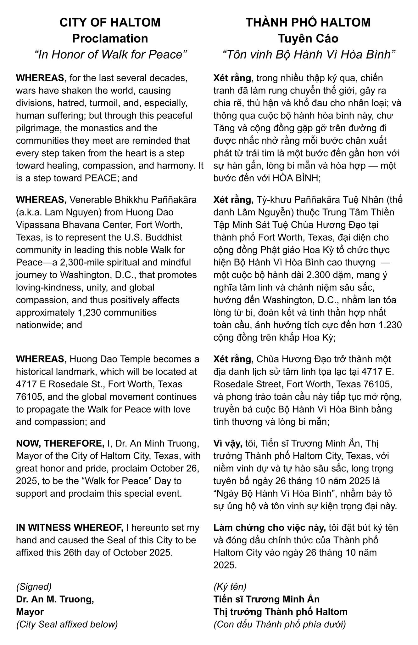 Proclaimation Walk For Peace City of Haltom City Translate