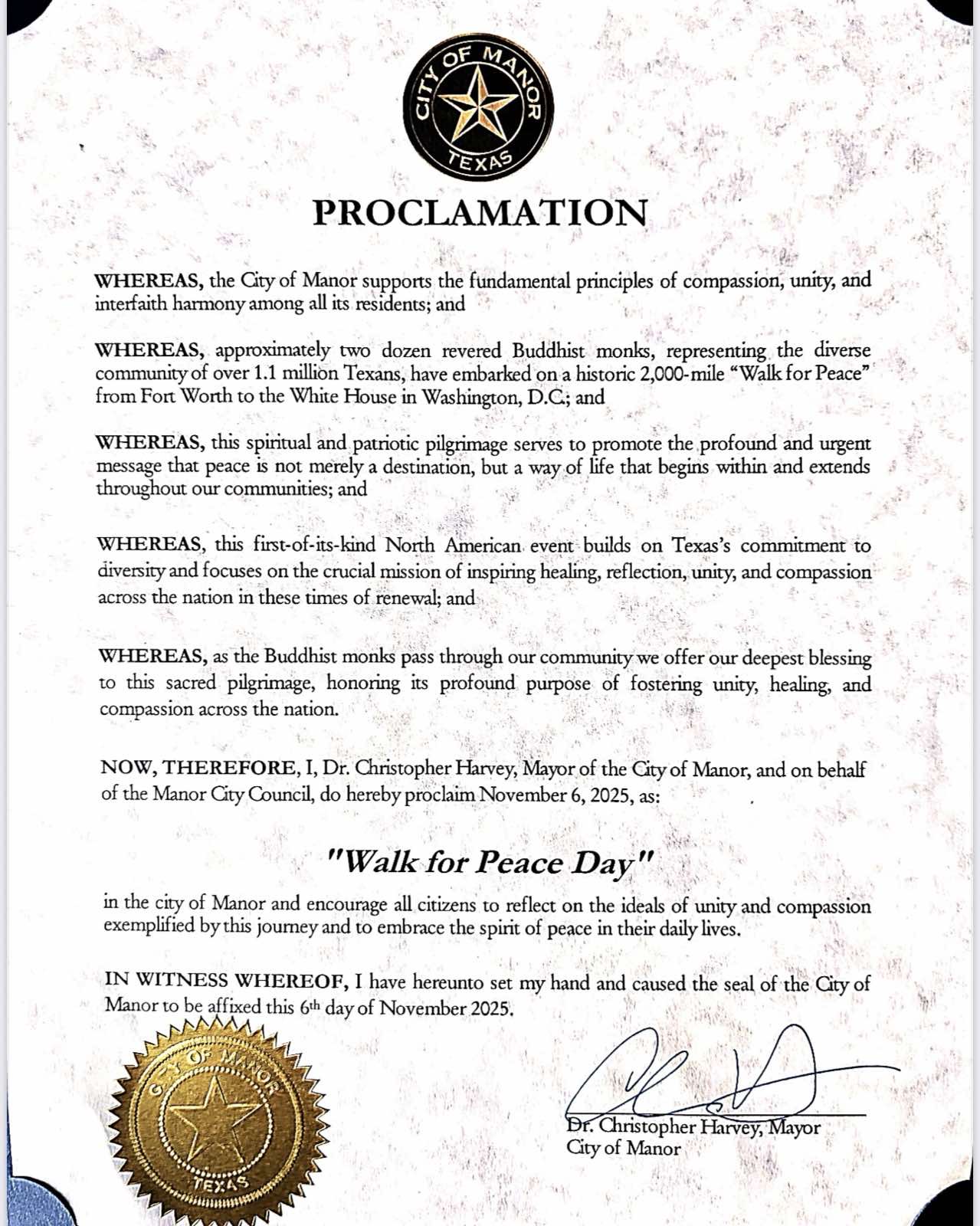 City of Manor Proclamation in support of Walk For Peace