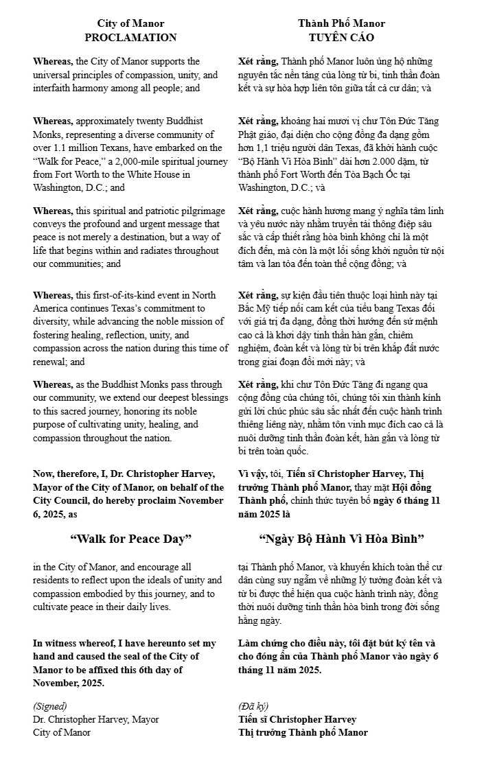 proclamation for walk for peace by city of manor translation